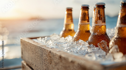 Beer bottle ice beach cooler summer party four beer bottle ice wooden cooler near sea sunset