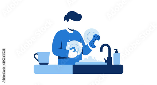 Man washing dishes with sponge and soap in kitchen sink, domestic chores illustration