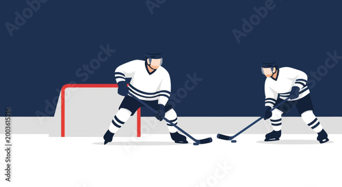 Ice Hockey Players Competing on Rink with Goal Net