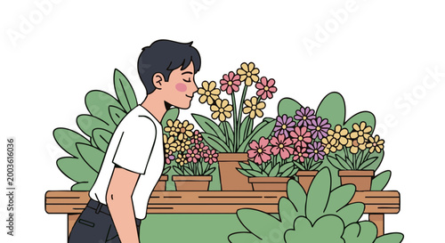 Young man smelling colorful flowers in pots at garden nursery illustration