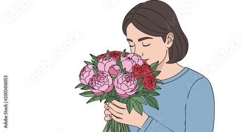 Woman smelling large bouquet of pink peonies and red roses. Vector illustration on black background