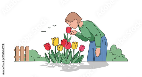 Woman smelling colorful red and yellow tulips in peaceful spring garden