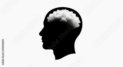 Head Silhouette with Dense Cloud Representing Confused Mind and Foggy Thoughts White Background