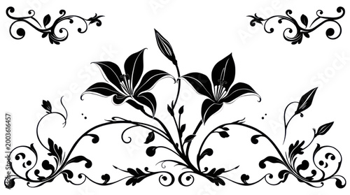 Floral Ornamental Lilies and Scrollwork Design on Transparent Background for Elegant Decor