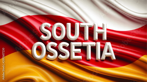 South Ossetia text on waving flag background, political identity concept with red white yellow fabric illustration