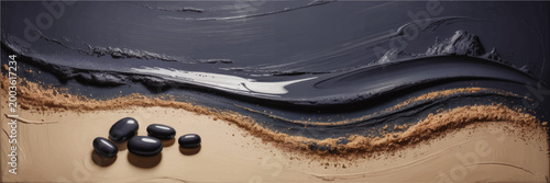 Abstract zen seascape with smooth Black stones on sandy shore, moody ocean waves, minimalist coastal wall art illustration