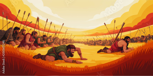 Biblical army crossing the Jordan River in dramatic desert landscape, ancient warriors with spears, faith and perseverance illustration