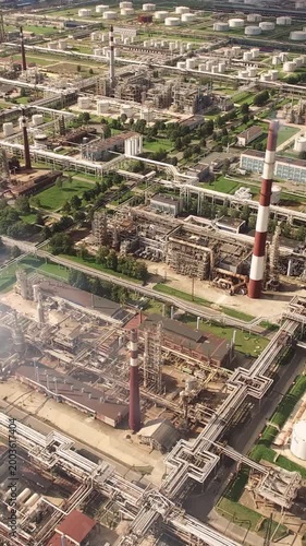 Aerial View of a Large Industrial Oil Refinery. Vertical video