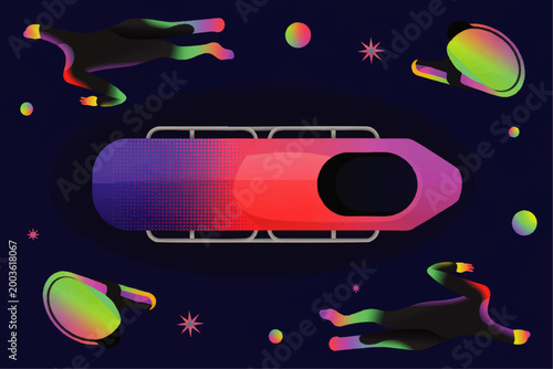 Retro futuristic winter sports illustration featuring a glowing neon luge sled racing athletes and helmets on a dark grainy starry background
