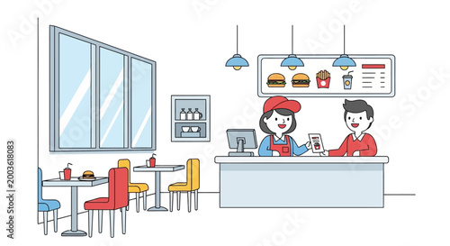Man and woman at fast food counter.
