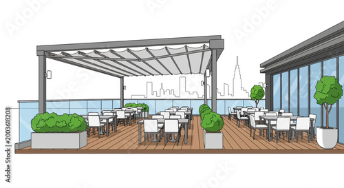Outdoor restaurant patio with furniture.