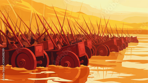 Ancient war chariots and spear army charging through shallow water at sunset, dramatic historical battle illustration