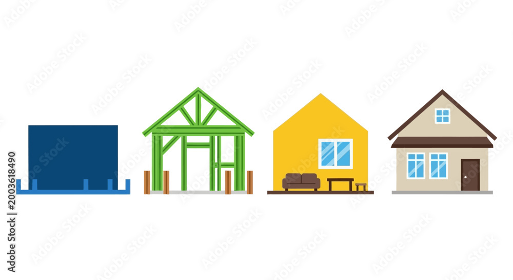 Fototapeta premium House Construction Stages Vector Set: From Foundation and Framing to Finished Home
