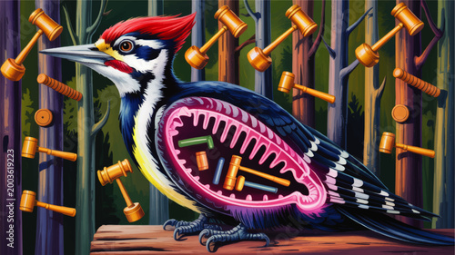Surreal woodpecker anatomy illustration in forest with open body cavity, floating gavels and symbolic nature justice concept