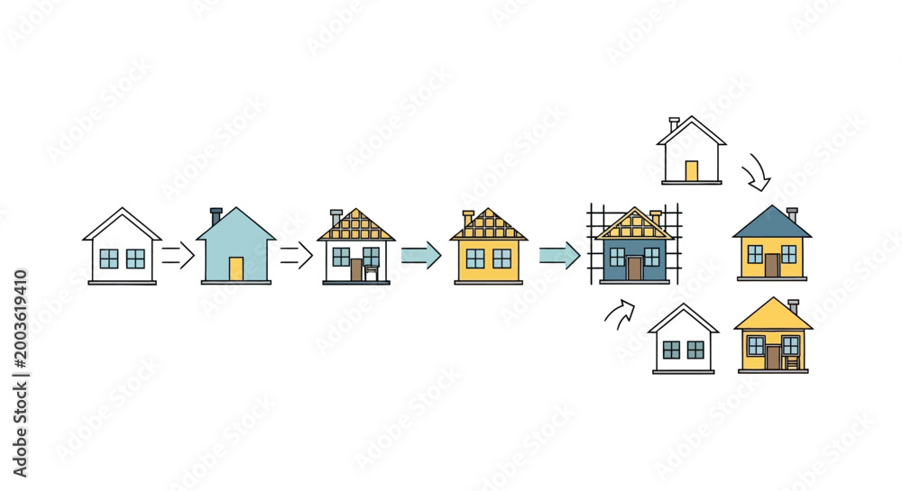 Fototapeta premium House Construction and Renovation Process Infographic Set - Flat Design Icons Showing Stages of Building, Home Customization, and Property Development Lifecycle