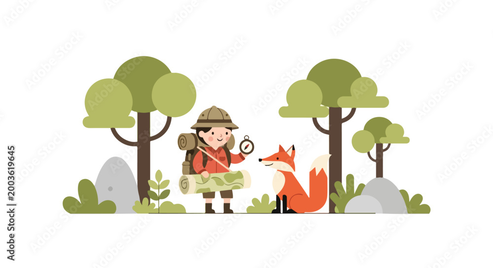 Obraz premium A cute young scout with a map and compass stands in a lush forest alongside a friendly orange fox in this charming flat vector illustration.