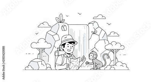 Photography A hiker with a backpack and map explores a jungle with a monkey, featuring a waterfall and rocky landscape in a clean line art style