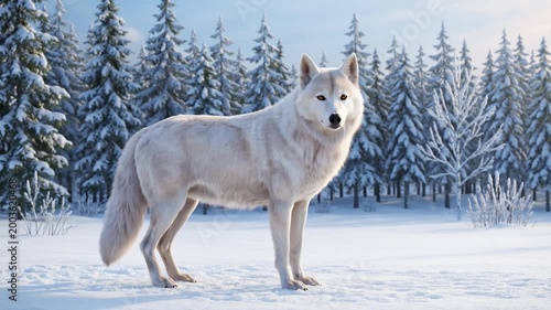 A majestic white canine stands in a snowy forest, surrounded by evergreen trees and a bright, clear sky