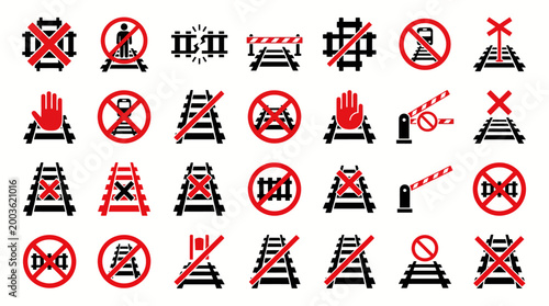 Vector Icons Railway Crossing Safety Signs and Prohibited Train Track Icons Set.