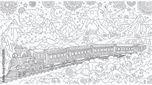 Magical Dream Train Journey Through Mountains Coloring Page for Adults