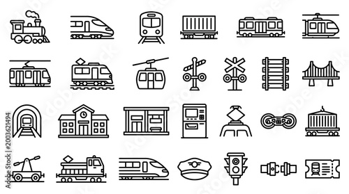Vector Icons Set of Hand Drawn Train and Railway Transportation Icons.