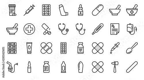 Vector Icons Set of medical and healthcare icons in line art style.