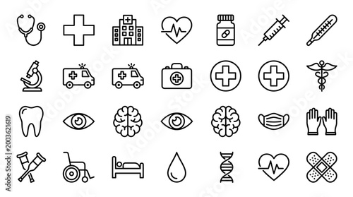 Vector Icons Set of medical and healthcare icons in thin line style.