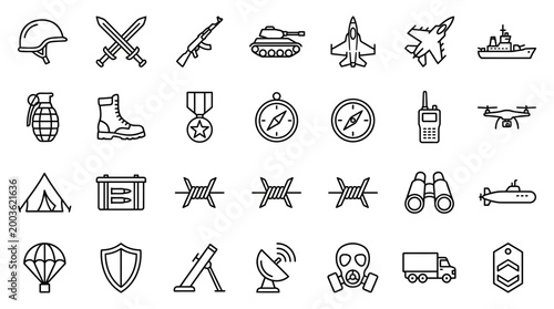Vector Icons Set of military and war related line icons.