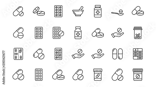 Vector Icons Set of Pharmacy and Medical Medicine Line Icons.
