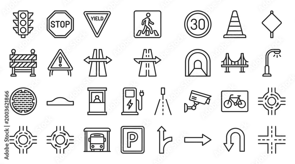 Fototapeta premium Vector Icons Set of road traffic sign icons and symbols.