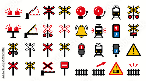Vector Icons Set of railway crossing and train traffic signs icons.