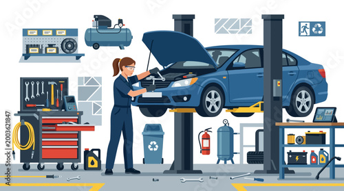 An automotive mechanic vector illustration showing a professional examining a blue car with its hood open in a modern garage service center with various tools and automotive repair