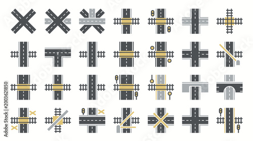 Vector Icons Set of railway crossing road signs and traffic icons.