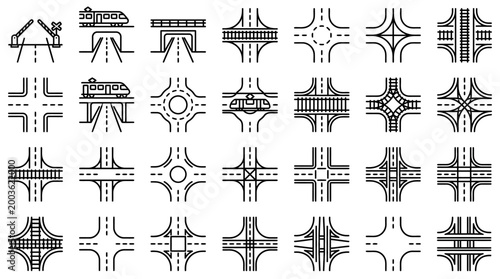 Vector Icons Set of Various Road Junctions and Railway Crossings Vector Icons.