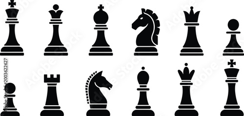 Assorted black chess pieces set featuring king queen bishop knight rook and pawn silhouettes arranged in two rows isolated on a white background for games