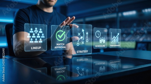 Sports manager touching digital holographic interface managing lineup strategy match approval scheduling performance analytics in modern stadium control room technology concept