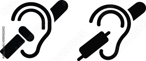 Black set representing ear anatomy and hearing aid devices for medical audiology and healthcare communication visual aids on a plain white background