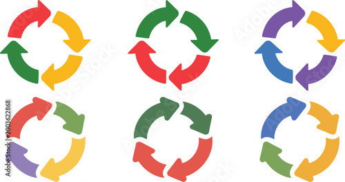Colorful circular arrow sets representing recycling and rotation cycles in various vibrant hues for ecological and process flow diagrams on white background