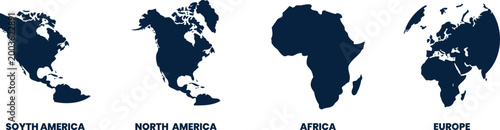 Dark blue silhouettes of continents with text labels including south america north america africa and europe isolated on a clean white background