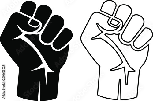 Of a clenched fist raised for protest and social justice themes featuring solid black and outline versions on white background