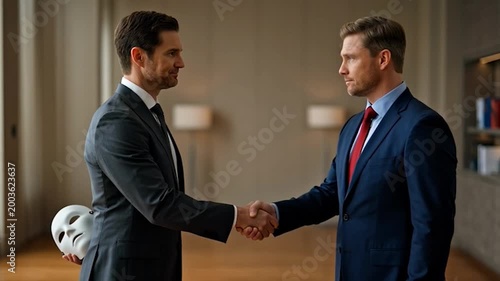 Two businessmen in suits are facing each other, one holding a mask and shaking hands in an office setting