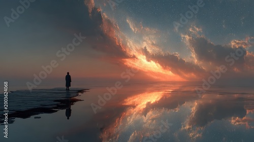 A lone figure gazes at a breathtaking sunset, reflected in tranquil water