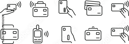 Ten linear depicting contactless payment methods and banking transactions with hands holding credit cards and mobile devices for digital financial services