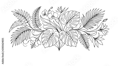 Exotic botanical foliage line art illustration