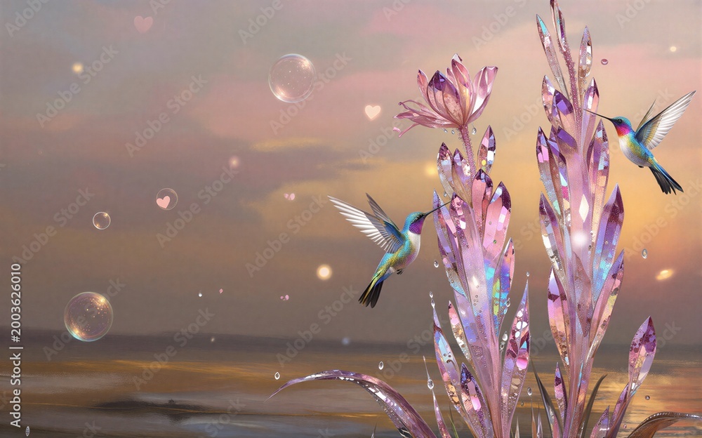 Fototapeta premium Hummingbirds sip nectar from iridescent flowers as bubbles float in a