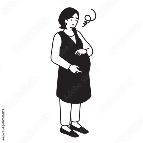 モノクロのアイソメトリック構図の困った表情の妊婦のイラスト
