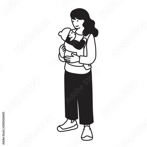モノクロのアイソメトリック構図の赤ちゃんを抱っこする女性のイラスト