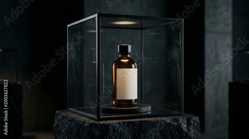 Amber glass bottle in dark display case spotlighted