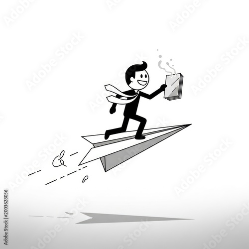 Businessman flying on paper airplane with book.