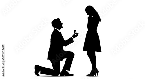 A silhouetted man on one knee proposes marriage with a ring to a woman in this elegant vector graphic illustration design